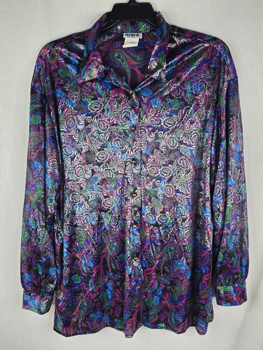 Vintage Orare Womens 20w Shimmer Disco Psychedelic Button Up 80s Lightweight Top